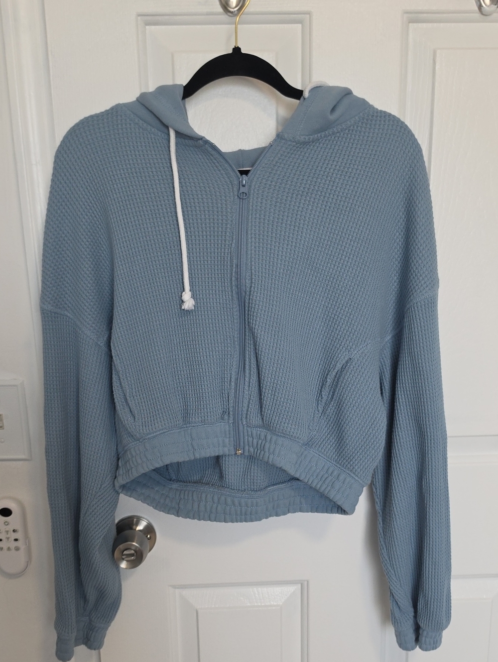 Light Blue Waffle-Knit Cropped, Hooded Zip Sweater